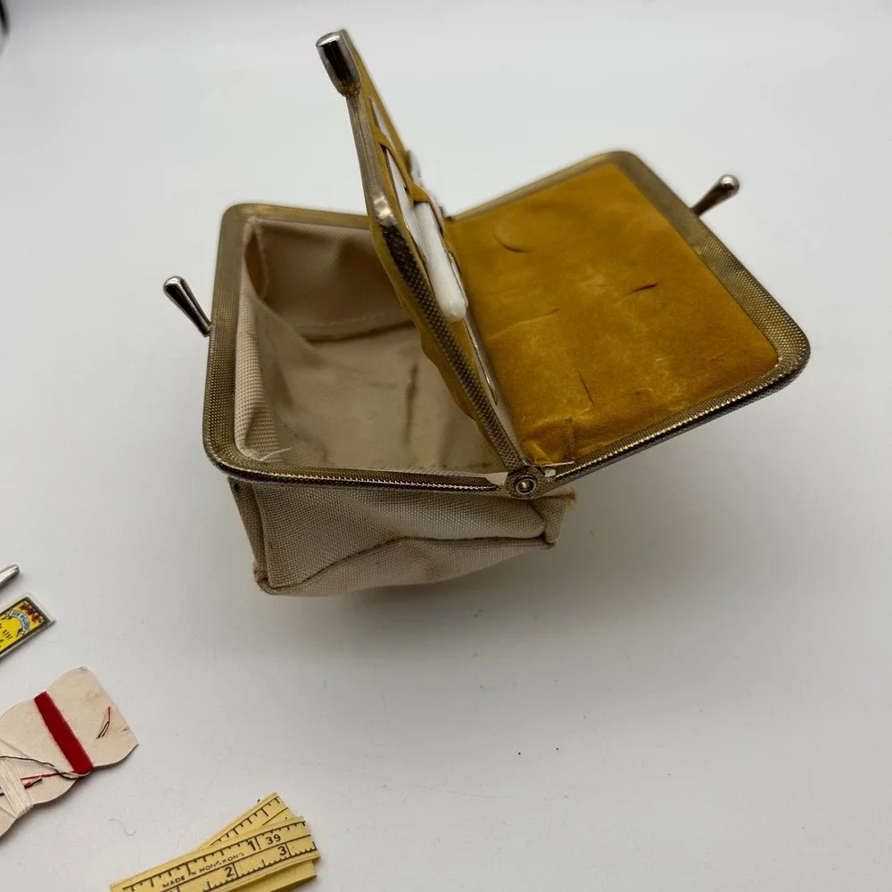 Vintage Travel Vanity Sewing Kit Canvas Green Red Web Stripe Kiss Lock Gold Tone